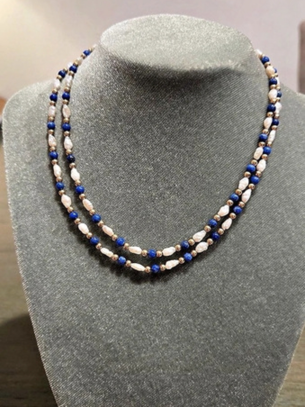 Vintage Freshwater Rice Pearls With Blue And Gold Beads 15" Single Strand